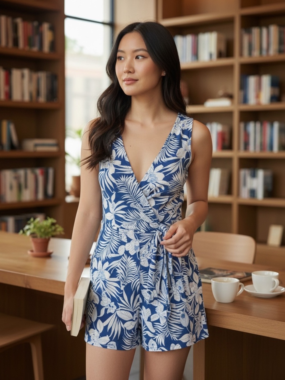 Tommy Bahama Blue and White Tropical Wrap Romper